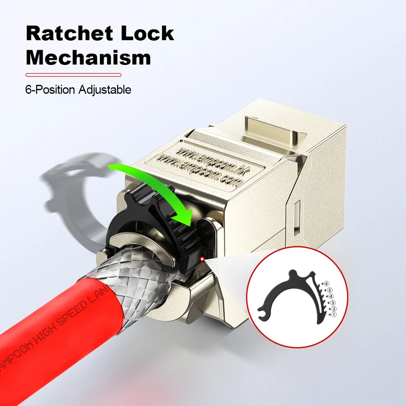 AMPCOM CAT6a Shielded Tool-less Keystone Jack With Ratchet Lock Design, Zinc Alloy Housing