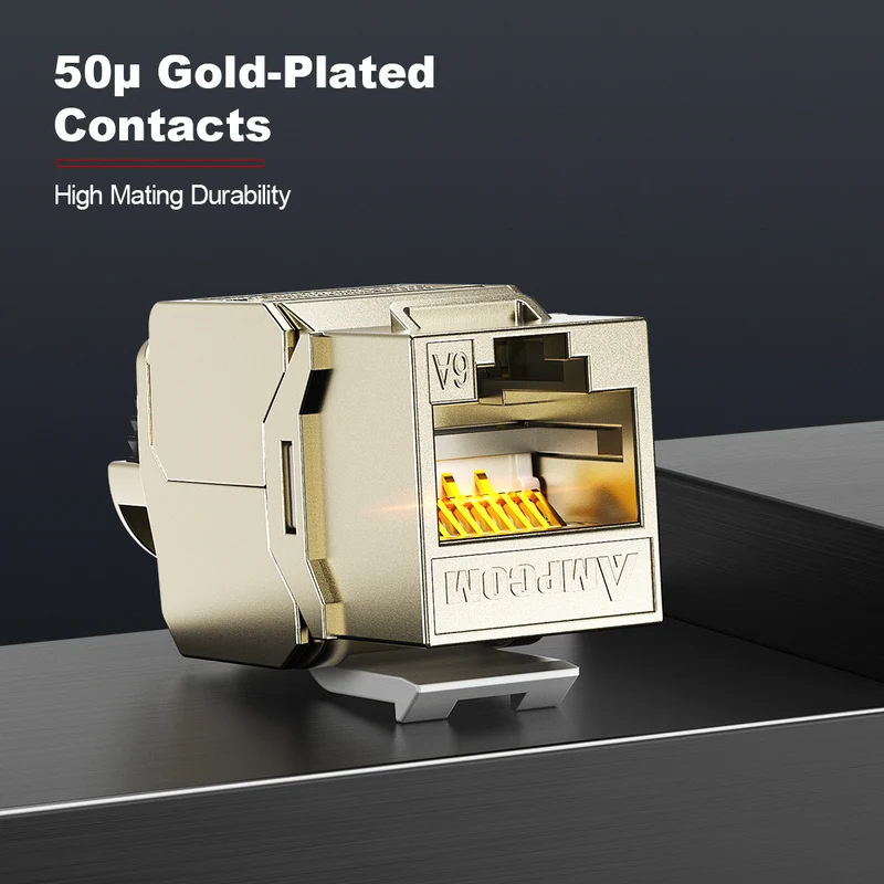 AMPCOM CAT6a Shielded Tool-less Keystone Jack With Ratchet Lock Design, Zinc Alloy Housing