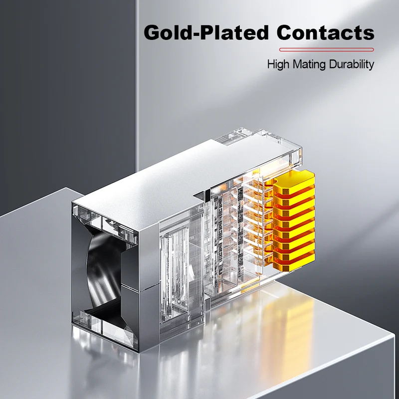 AMPCOM Cat6 Pass-Through Shielded RJ45 Connector,Gold-Plated Contacts, 1.1mm Conductor Hole
