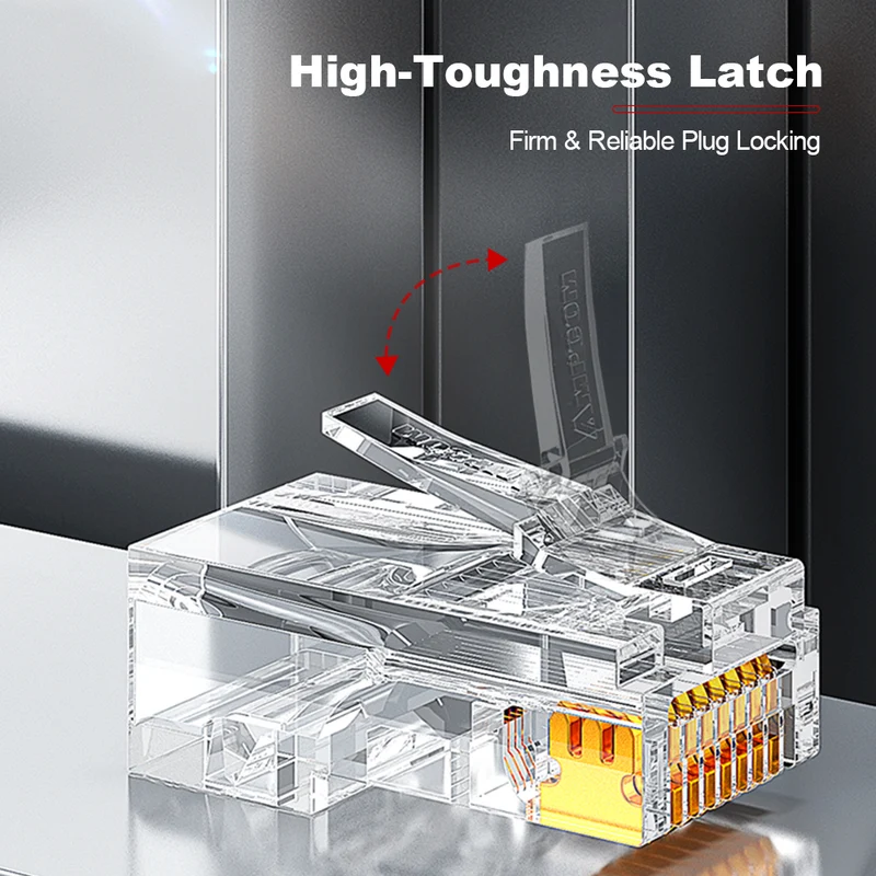 AMPCOM Cat5e Pass-Through Unshielded RJ45 Connector,Gold-Plated Contacts, 1.0mm Conductor Hole
