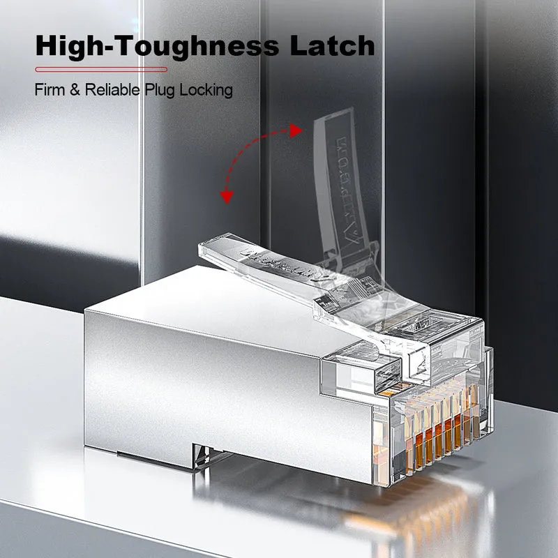 AMPCOM Cat6 Shielded RJ45 Connector, 50μm Gold-plated Contacts, Anti-Interference Nickel-Plated Shielded, 1.1mm Conductor Hole Diameter