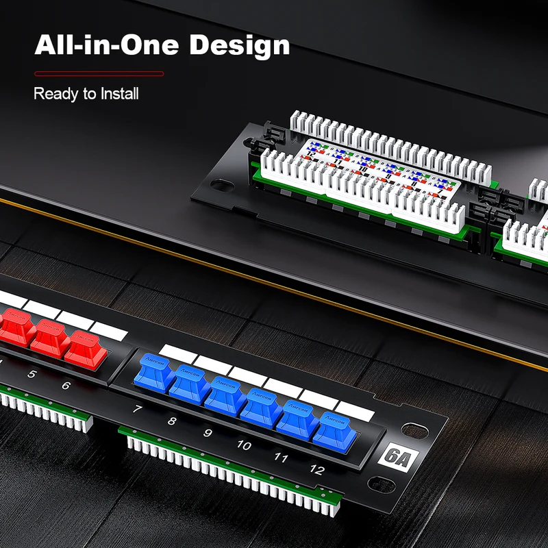 AMPCOM 12-Port Unshielded Patch Panel for Low-Voltage Cabinets, with Rear Mounting Bracket