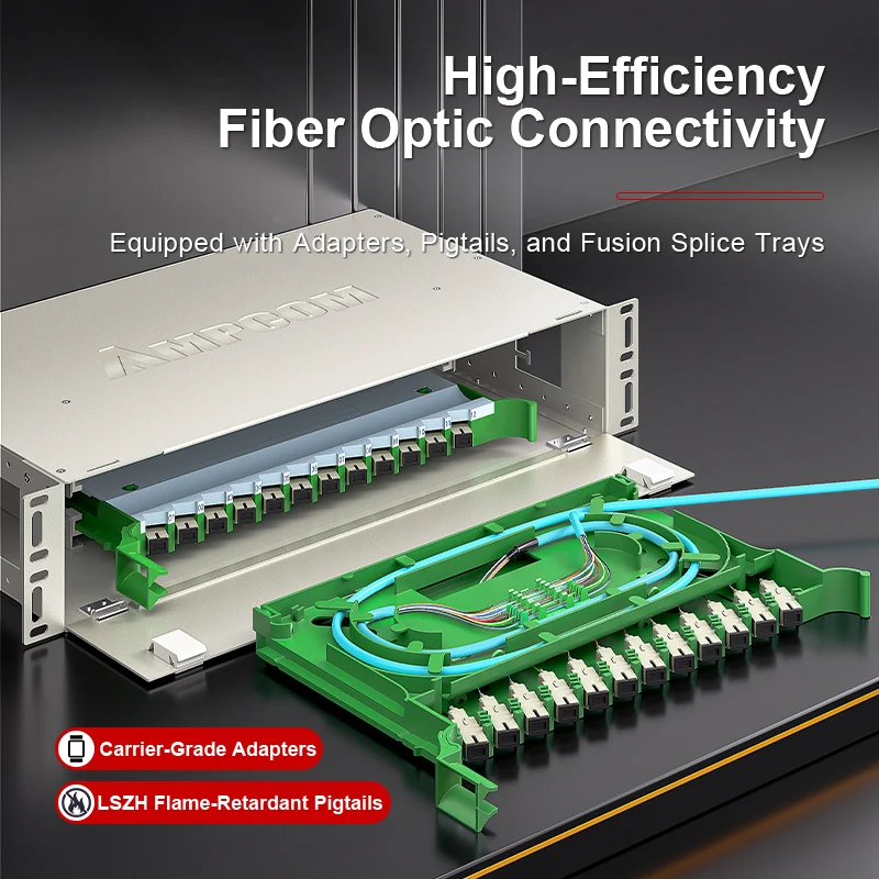 AMPCOM 48-Port Optical Distribution Frame (ODF), Multimode Fiber Patch Panel with SC Couplers & Pigtails