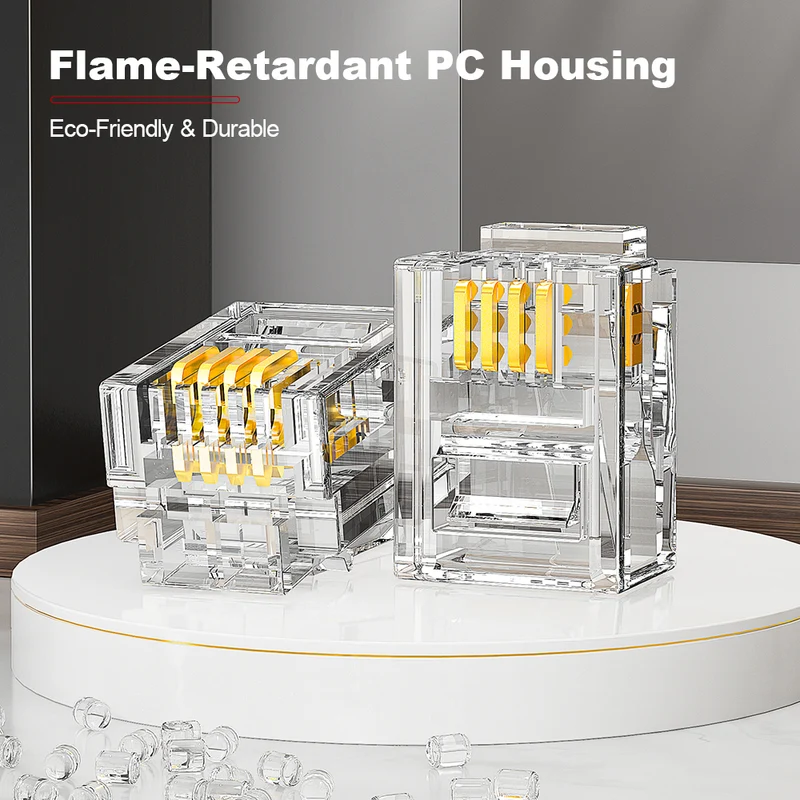 AMPCOM 4P4C RJ11 Connector, 15μm Gold-Plated Contacts, LG Flame-Retardant Housing
