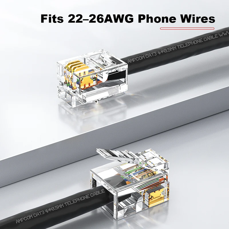 AMPCOM 4P4C RJ11 Connector, 15μm Gold-Plated Contacts, LG Flame-Retardant Housing