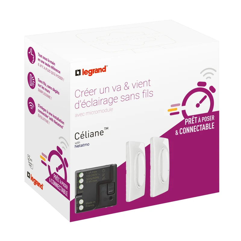 Prêt à poser Céliane connectable blanc - Créer un va-et-vient avec micromodule et commandes sans fil - Legrand CB0405