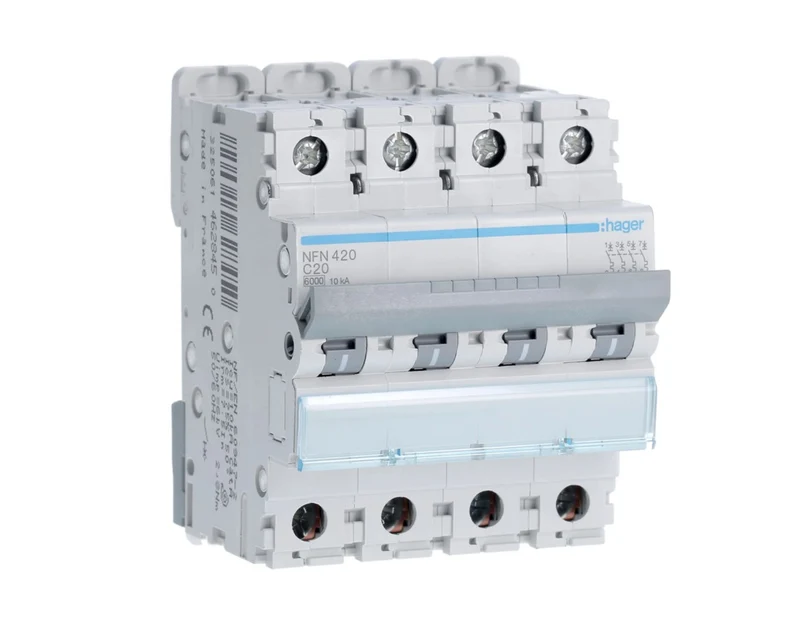 HAGER Disjoncteur 4P 6/10KA courbe C 20A 4 modules NFN420