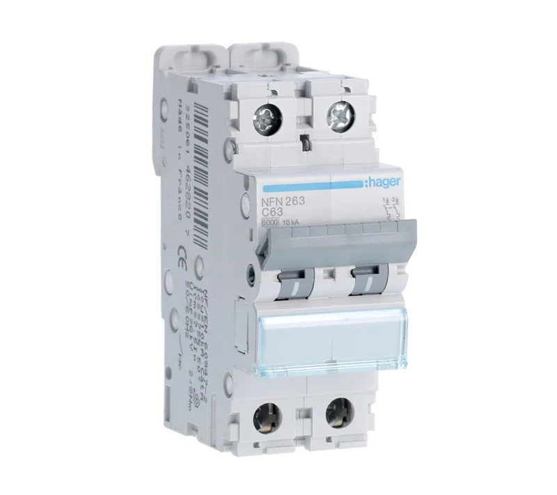 Disjoncteur 2P 6/10KA courbe C-63A 2 modules HAGER NFN263