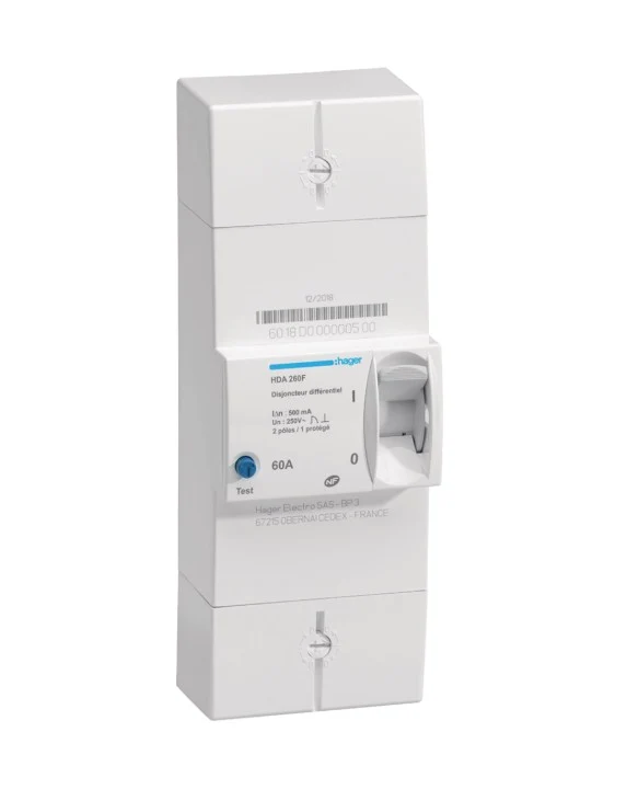 Disjoncteur de branchement différentiel instantané 2P 60A 500mA Hager HDA260F