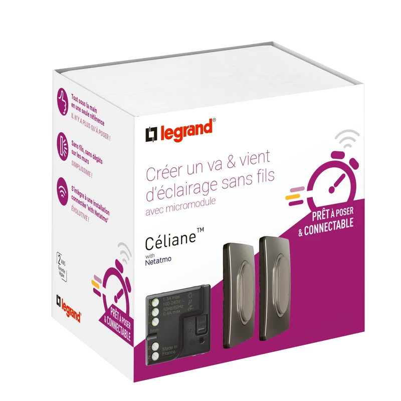 Prêt à poser Céliane connectable titanium - Créer un va-et-vient avec micromodule et commandes sans fil - Legrand CT0405