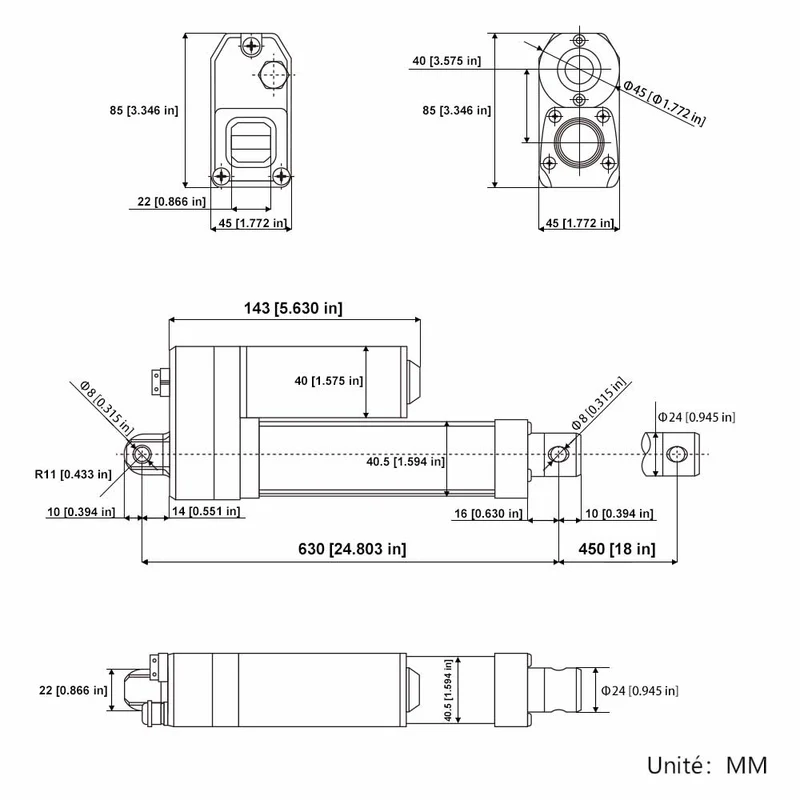 12V 24V 3500N vérin électrique étanche série J4 course 450mm réglable (Modèle: 0041941-4)