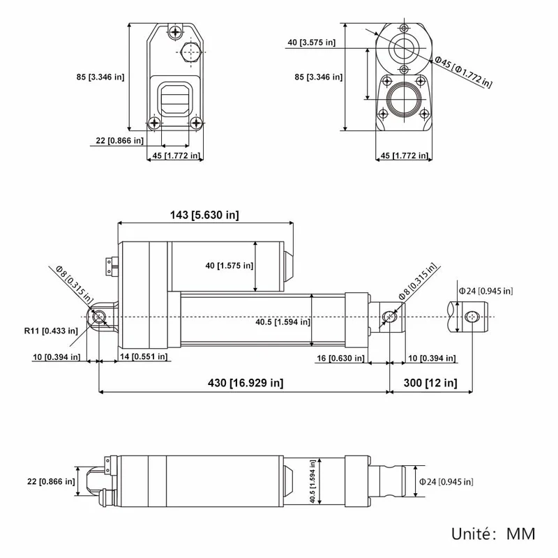 Vérin électrique étanche IP67 12V 24V 350kg course 300 mm (Modèle: 0041938)