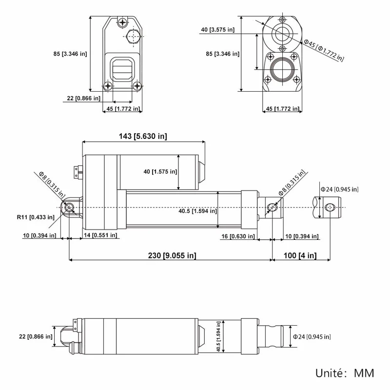 12V 24V 3500N vérin électrique étanche série J4 course 100mm réglable (Modèle: 0041934-4)