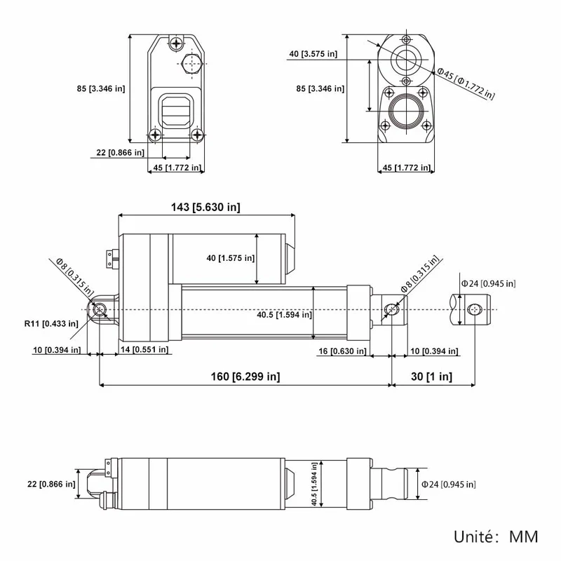 Vérin électrique étanche IP67 12V 24V 350kg course 30 mm (Modèle: 0041932)
