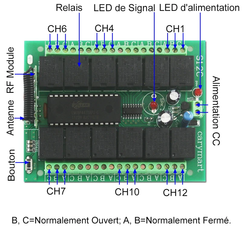 433MHz CC 9V 12V 24V Kit Interrupteur Sans Fil avec 12 Télécommandes (Modèle: 0020192)