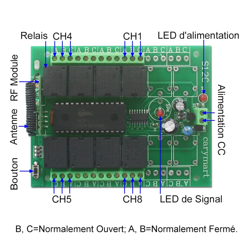 8 Canaux CC 9V 12V 24V Interrupteur Sans Fil avec Télécommande 433MHz (Modèle: 0020037)