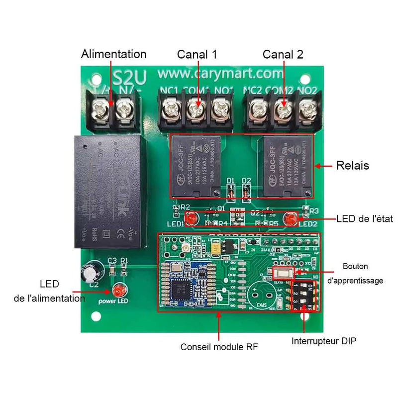 Kit interrupteur relais télécommande sans fil 230V 2 voies 10A 5km (Modèle: 0020691)