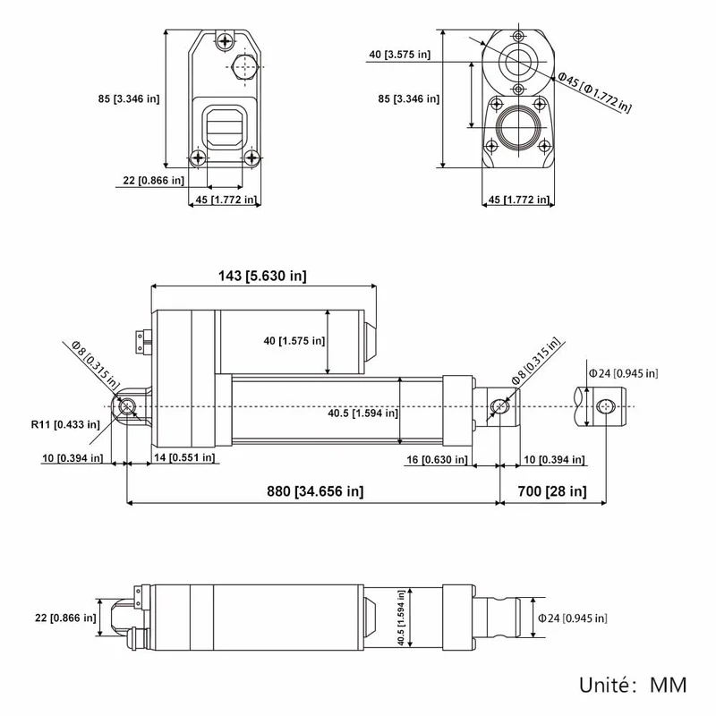 12V 24V 3500N vérin électrique étanche série J4 course 700mm réglable (Modèle: 0041944-4)