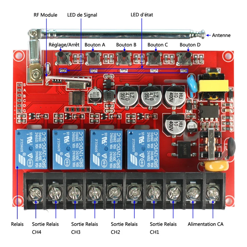4 Canaux 10A Récepteur Sans Fil 75~400V CA Interrupteur Radio (Modèle: 0020700)