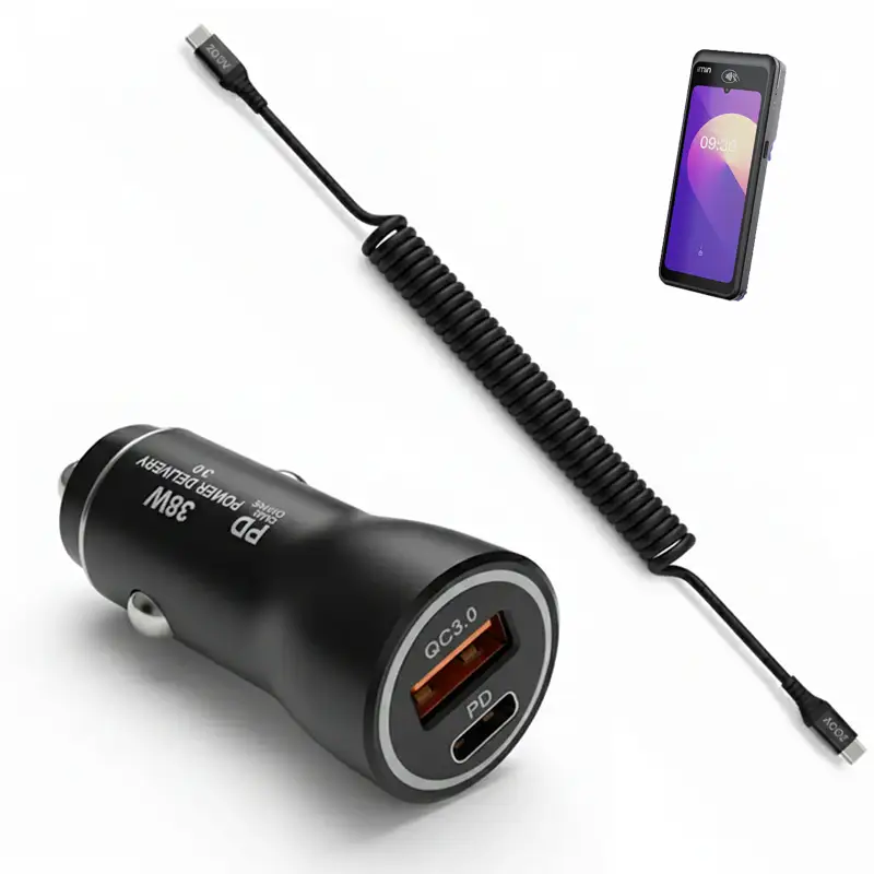Chargeur de voiture pour terminal de point de vente mobile iMin 38 W avec câble spiralé USB-C | Agoz