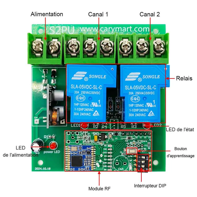 10~80V récepteur interrupteur sans fil, 2 voies 10A relais 5km (Modèle: 0020101)