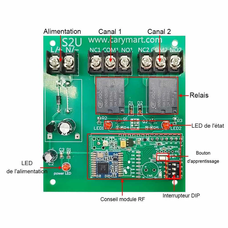 CC interrupteur sans fil récepteur sortie contact sec 2 voies 10A 5km (Modèle: 0020686)