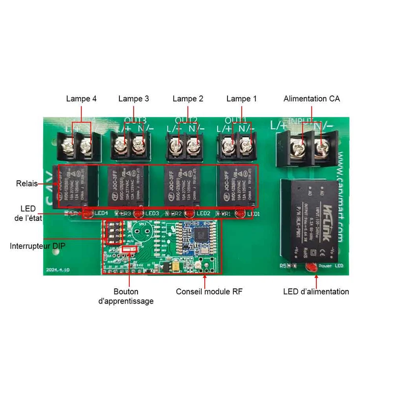 Kit interrupteur télécommande sans fil sortie 230V 4 voies 10A 5km (Modèle: 0020226)