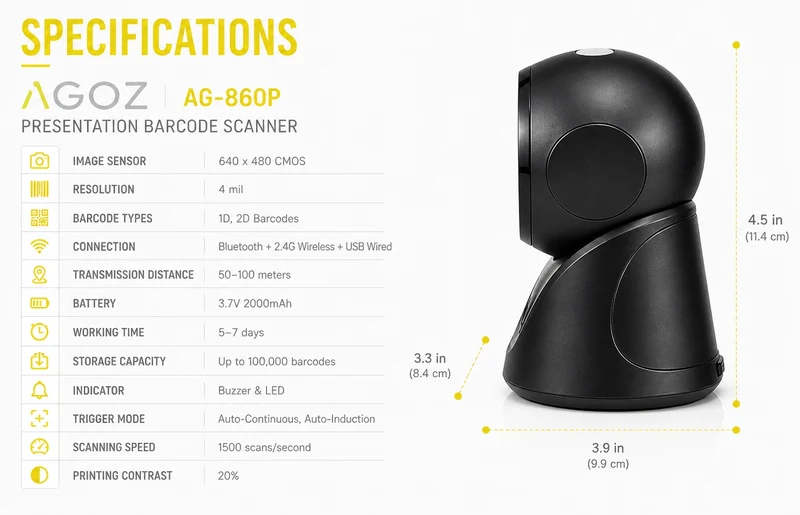 Scanner de codes-barres de présentation de bureau AGOZ AG-860P