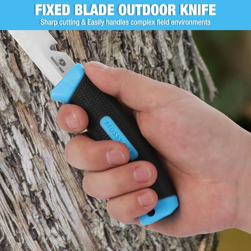 Mossy Oak Couteau de Survie à Lame Fixe de 220mm, Couteau de Chasse avec Dents Dentelées et Etui, Parfait pour Survie, Chasse, Camping, Randonnée