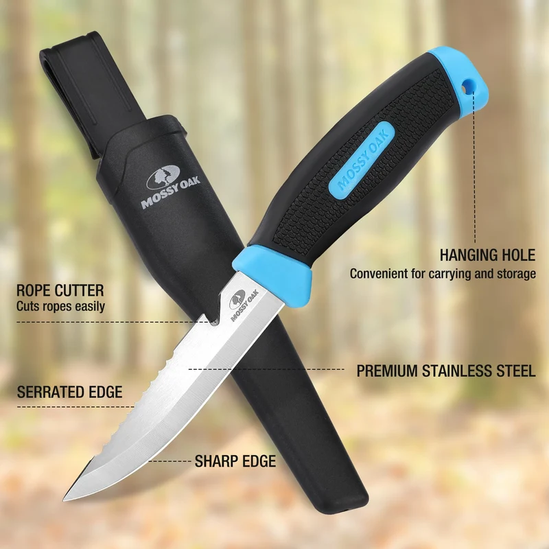 Mossy Oak Couteau de Survie à Lame Fixe de 220mm, Couteau de Chasse avec Dents Dentelées et Etui, Parfait pour Survie, Chasse, Camping, Randonnée