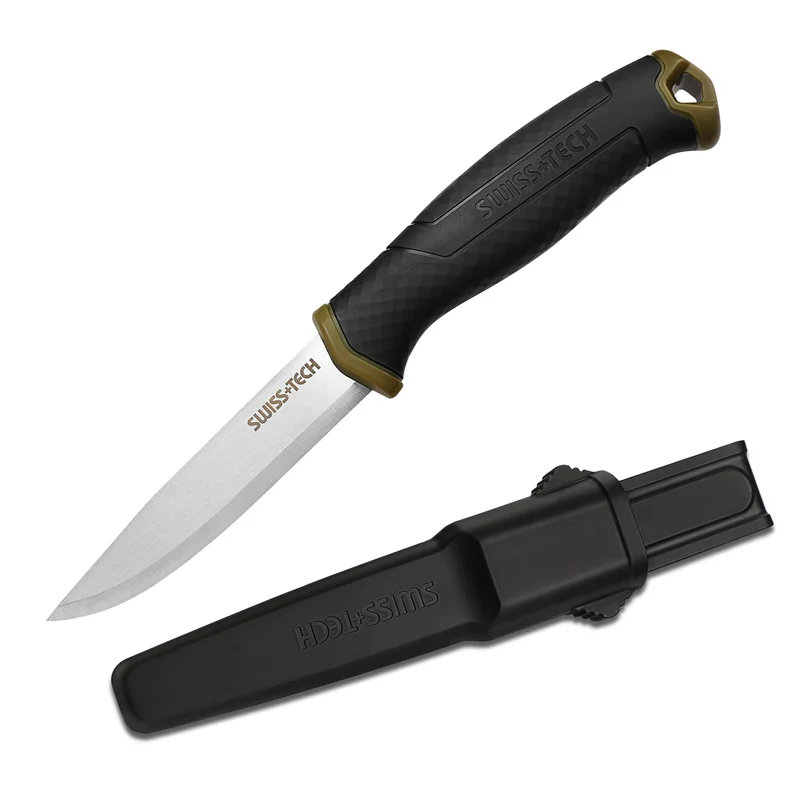 Swiss+Tech Couteau de Survie, Couteau de Chasse à Lame Fixe avec Etui Rigide, Parfait pour Survie, Chasse, Camping, Randonnée