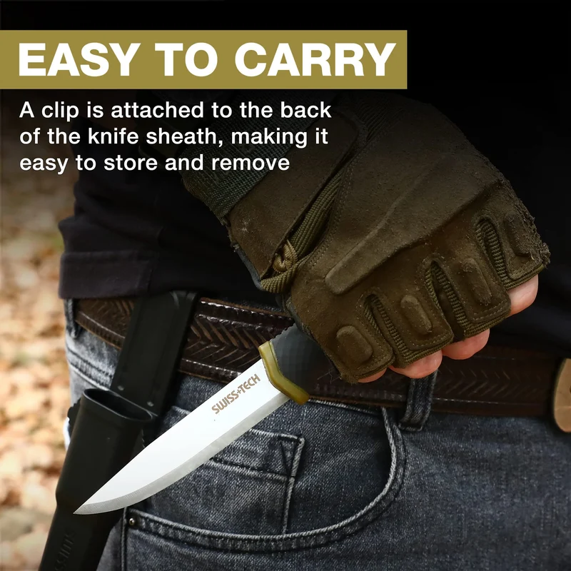 Swiss+Tech Couteau de Survie, Couteau de Chasse à Lame Fixe avec Etui Rigide, Parfait pour Survie, Chasse, Camping, Randonnée