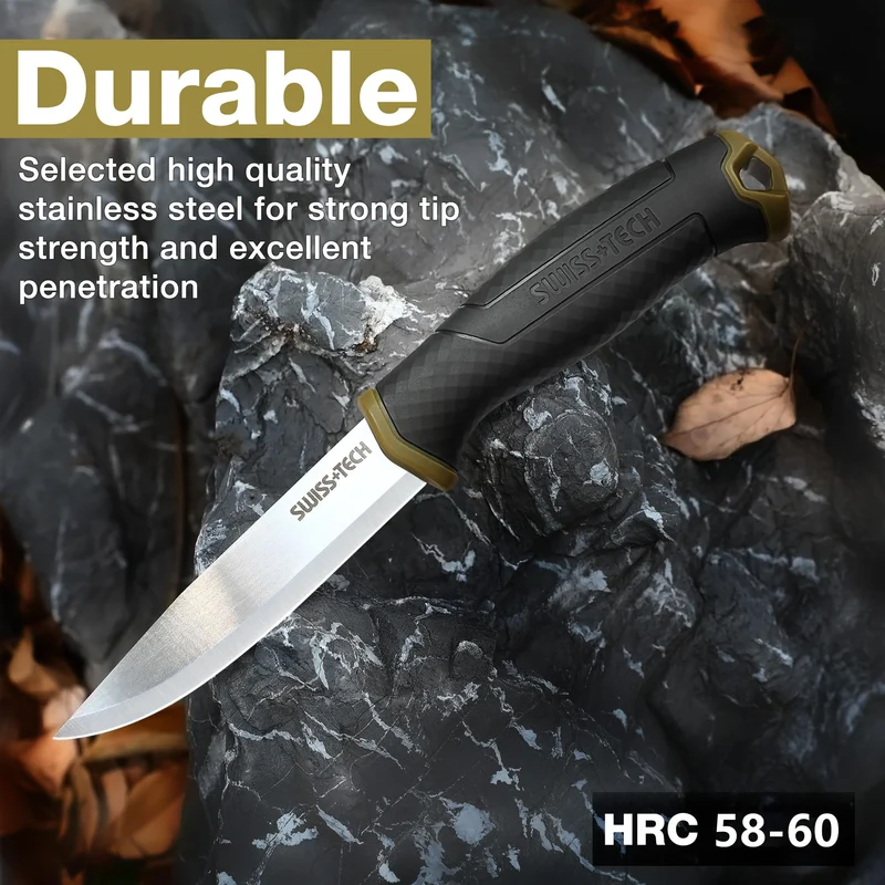Swiss+Tech Couteau de Survie, Couteau de Chasse à Lame Fixe avec Etui Rigide, Parfait pour Survie, Chasse, Camping, Randonnée