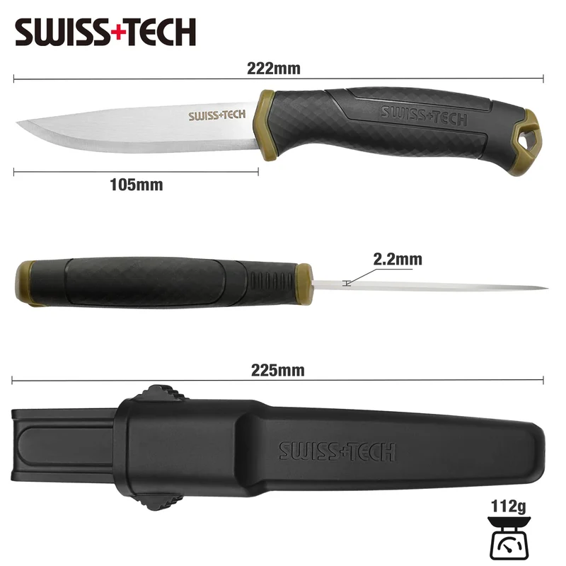 Swiss+Tech Couteau de Survie, Couteau de Chasse à Lame Fixe avec Etui Rigide, Parfait pour Survie, Chasse, Camping, Randonnée