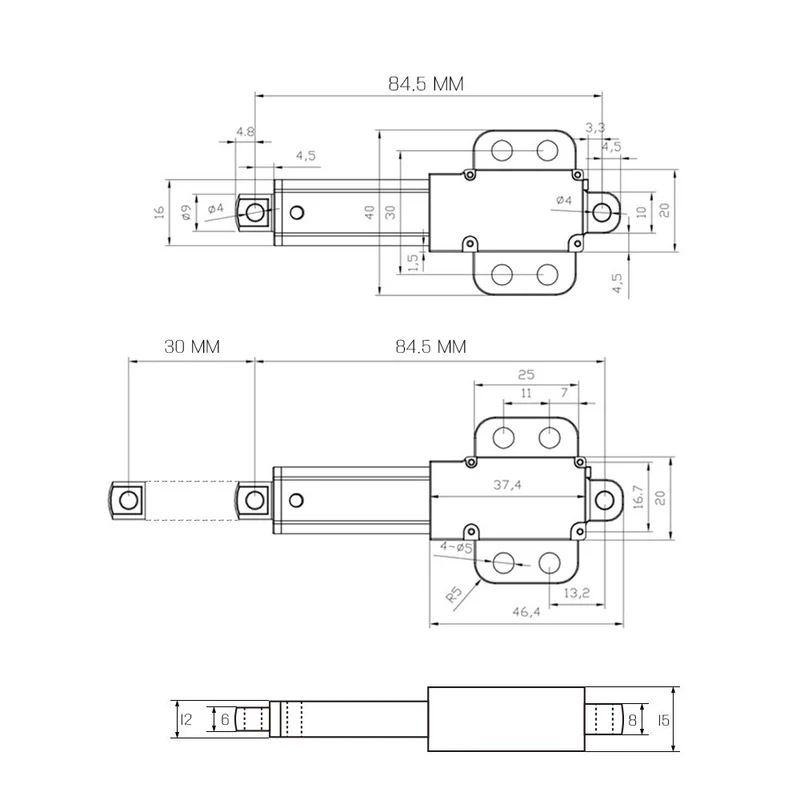 Micro vérin électrique 6V 12V 24V 188N course 30 mm (Modèle: 0041745)