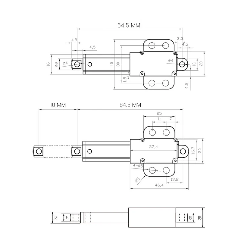 Micro vérin électrique 6V 12V 24V 188N course 10 mm (Modèle: 0041741)