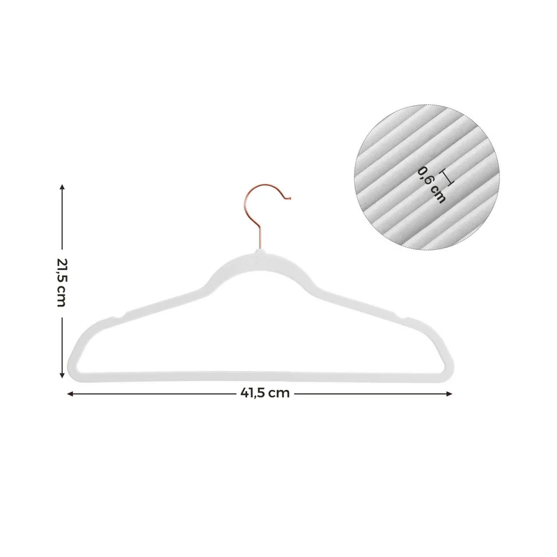 SONGMICS Lot de 20 Cintres Velours Adulte, Longueur 41,5 cm, Fin, Grande Capacité de Charge, avec Crochets Pivotants à 360°, pour Manteaux, Chemises, Blanc et Rose Gold CRF026W01