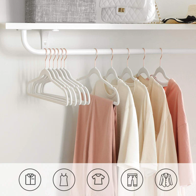 SONGMICS Lot de 20 Cintres Velours Adulte, Longueur 41,5 cm, Fin, Grande Capacité de Charge, avec Crochets Pivotants à 360°, pour Manteaux, Chemises, Blanc et Rose Gold CRF026W01