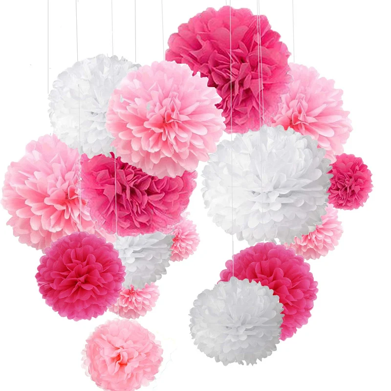 MAKFORT Pompon Rose Pompon Papier Soie Papier Fleur Pompon Boule à Suspendre 6",10",12" décor Mariage fête Anniversaire Happy Birthday Lot de 15 Rose
