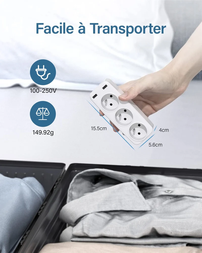 LENCENT Prise USB Secteur Multiple, 5 en 1 Chargeur Multiprises avec 3 Sortie AC 16A, 4000W et 2 Ports USB, Murale Electrique Idéal pour Chambre Bureau Domicile
