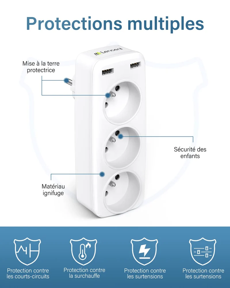 LENCENT Prise USB Secteur Multiple, 5 en 1 Chargeur Multiprises avec 3 Sortie AC 16A, 4000W et 2 Ports USB, Murale Electrique Idéal pour Chambre Bureau Domicile