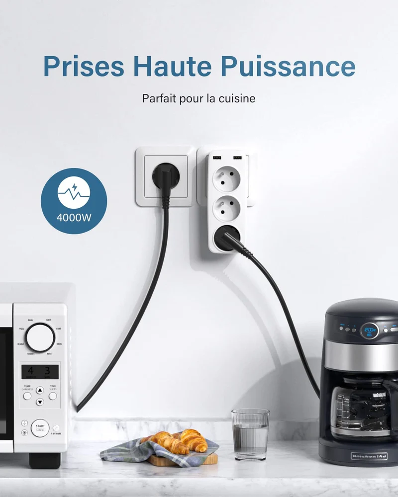 LENCENT Prise USB Secteur Multiple, 5 en 1 Chargeur Multiprises avec 3 Sortie AC 16A, 4000W et 2 Ports USB, Murale Electrique Idéal pour Chambre Bureau Domicile