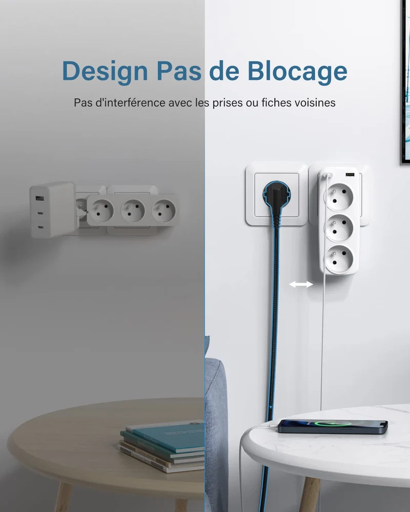 LENCENT Prise USB Secteur Multiple, 5 en 1 Chargeur Multiprises avec 3 Sortie AC 16A, 4000W et 2 Ports USB, Murale Electrique Idéal pour Chambre Bureau Domicile