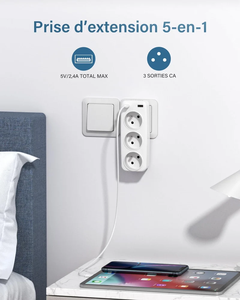 LENCENT Prise USB Secteur Multiple, 5 en 1 Chargeur Multiprises avec 3 Sortie AC 16A, 4000W et 2 Ports USB, Murale Electrique Idéal pour Chambre Bureau Domicile