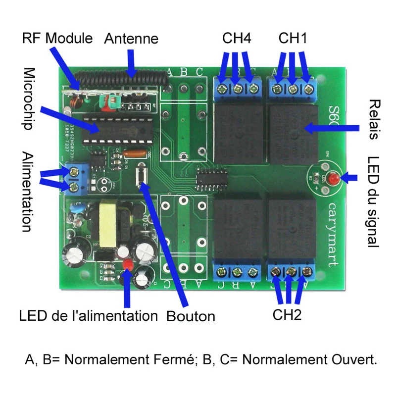CA 220V Interrupteur Sans Fil avec 4 Canaux 10A Sortie Relais (Modèle: 0020401)