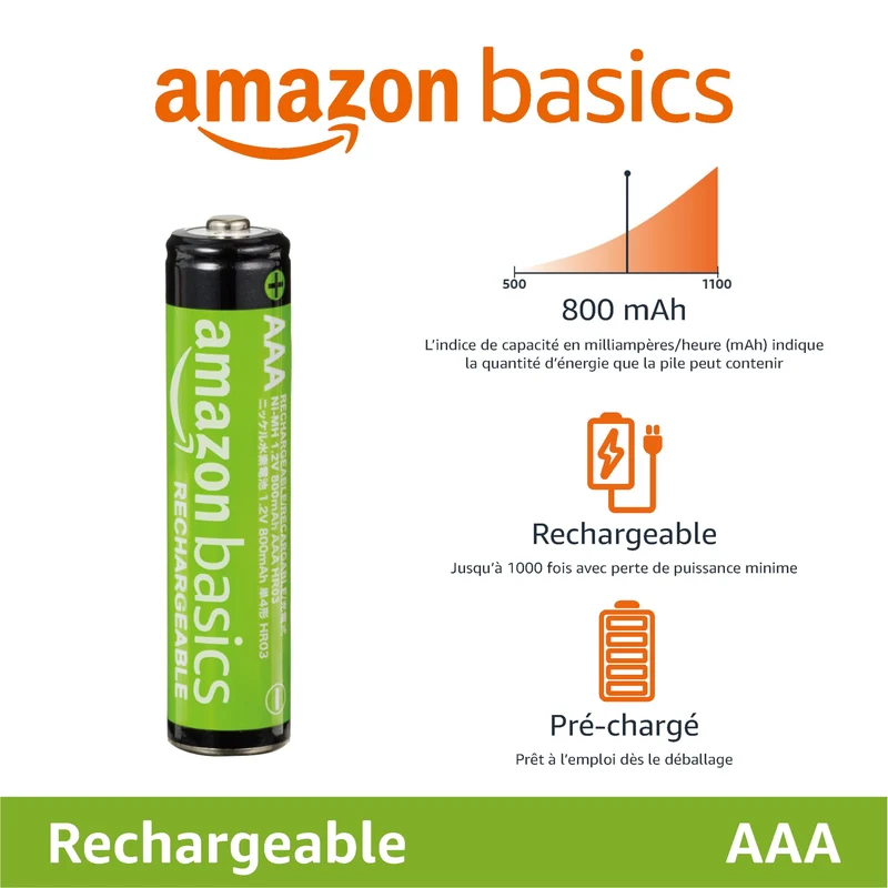 Amazon Basics Piles NiMh rechargeables AAA (Lot de 16) 800 mAh pré-chargées
