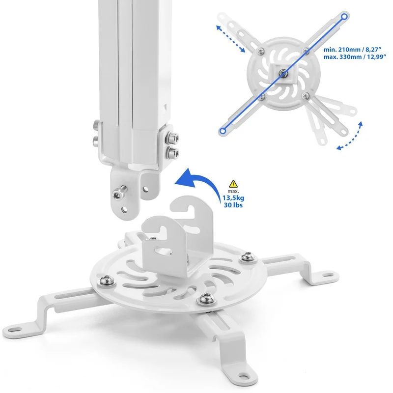 deleyCON Support Universel pour Vidéoprojecteur Support Plafond Inclinable de +-15° - Pivotant de 360° - Jusqu'à 13,5 Kg - Réglable en Hauteur 380 mm - 580 mm - Passage de Câble - Blanc