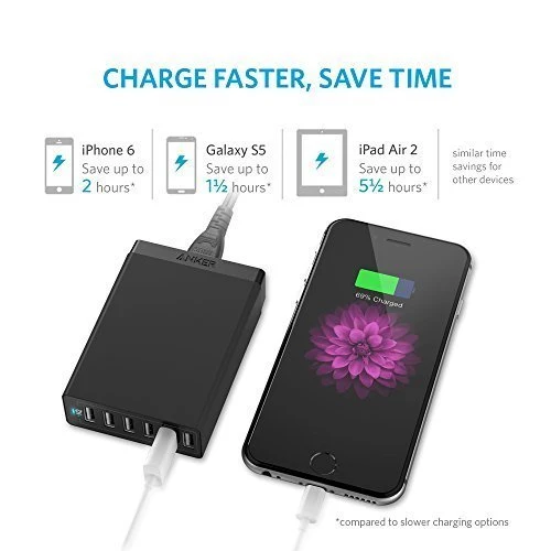 Anker Chargeur Secteur USB PowerPort 6 Ports 60W - Chargeur mural avec technologie PowerIQ, Adaptateur de Voyage pour smartphones et tablettes: iPhone, iPad, Samsung et autres