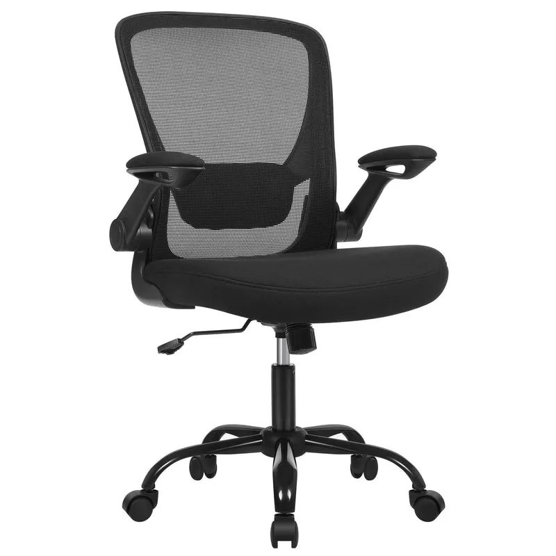 SONGMICS Chaise Bureau Ergonomique en Toile, Fauteuil, Support Lombaire Rembourré, Mécanisme à Bascule, Assise Large de 53 cm, Accoudoirs Rabattables, Noir OBN37BK