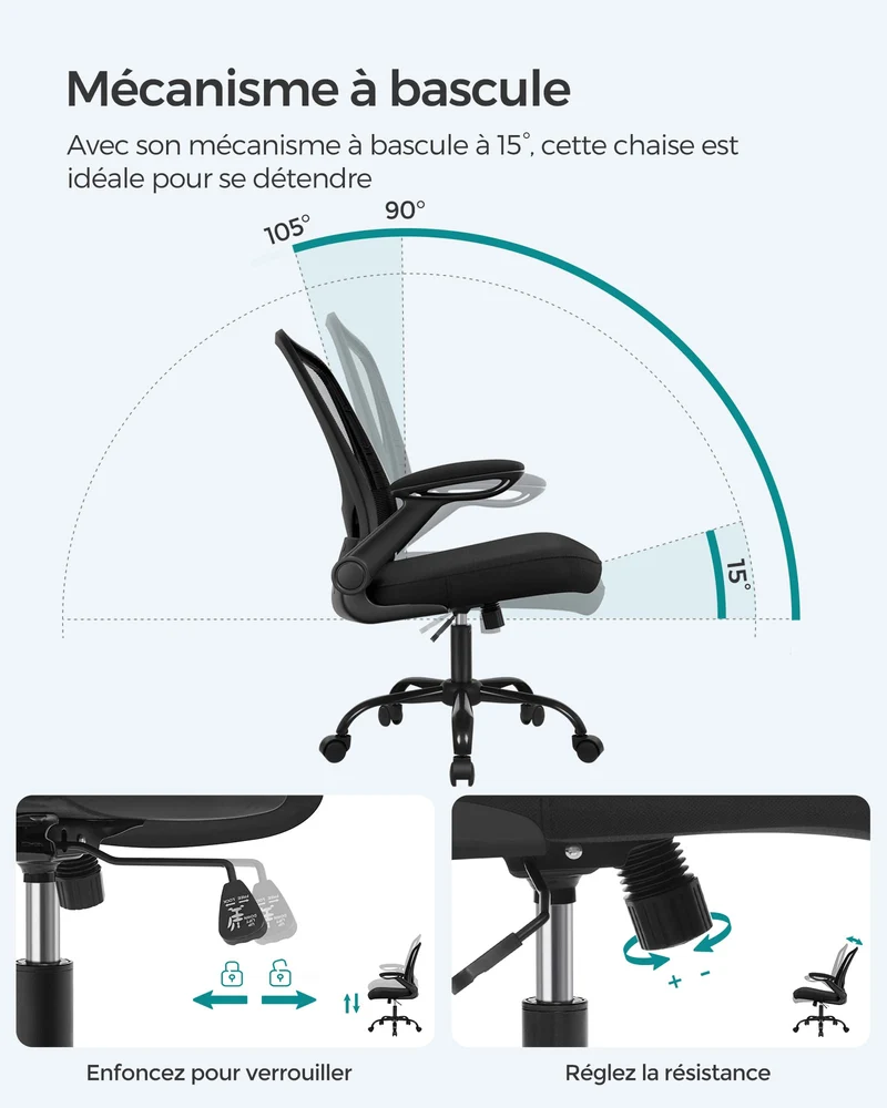 SONGMICS Chaise Bureau Ergonomique en Toile, Fauteuil, Support Lombaire Rembourré, Mécanisme à Bascule, Assise Large de 53 cm, Accoudoirs Rabattables, Noir OBN37BK